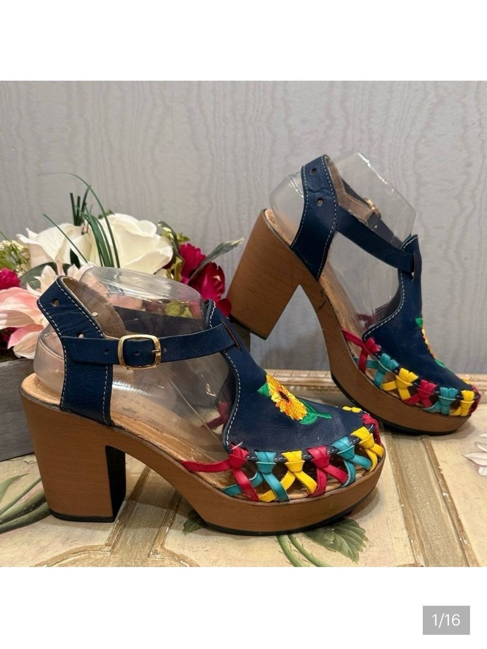 Mexican T-Strap Huarache Multi-Color Sunflower Platform Sandals